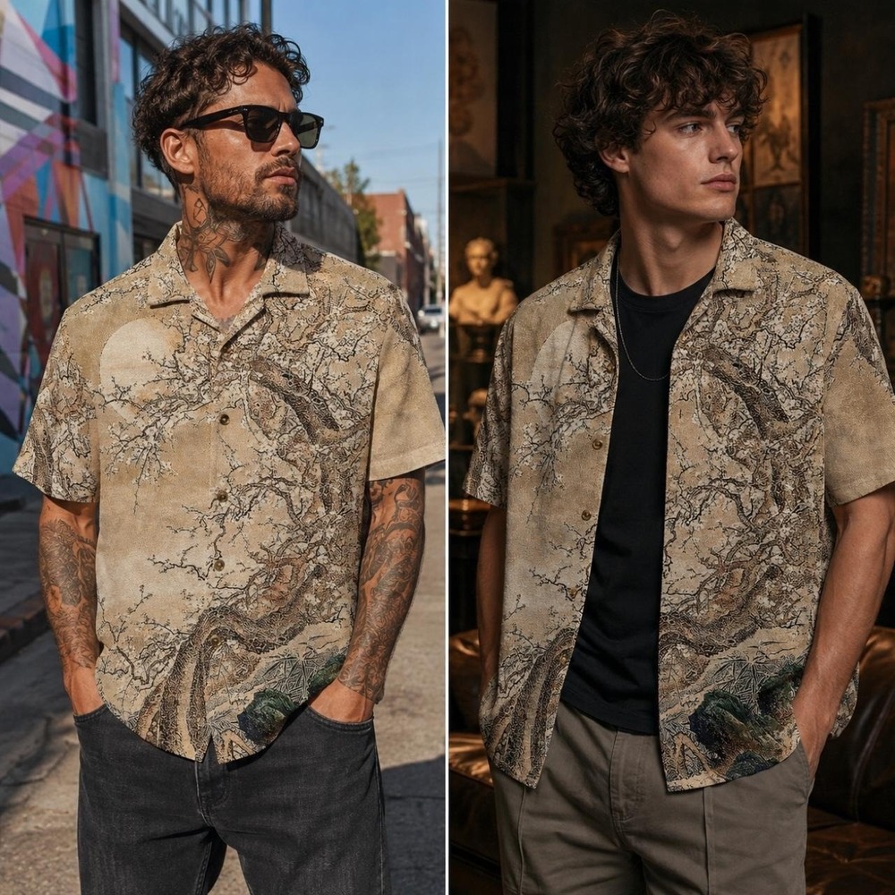 Rebel Vengeance L Shirt Cherry Blossom Tree Moon Tapestry Button Up Street Artsy